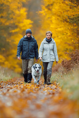 Couple Walking Dog in Autumn Forest