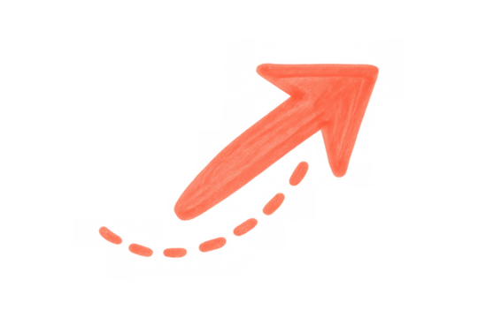 Orange arrow moving upwards with dotted line trail, symbolizing growth, progress, and positive momentum on a transparent background