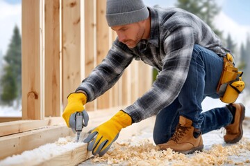 Carpenter building wooden frame house on winter day using electric screwdriver