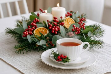 Christmas table setting with steaming cup of tea, candles and natural decorations