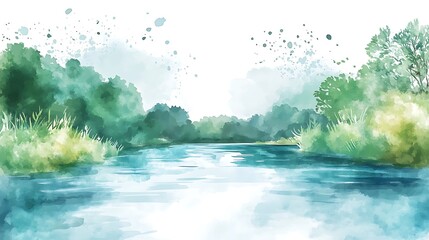Forest river watercolor landscape
