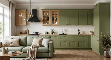 Modern Kitchen and Living Room with Green Cabinets and Sofa