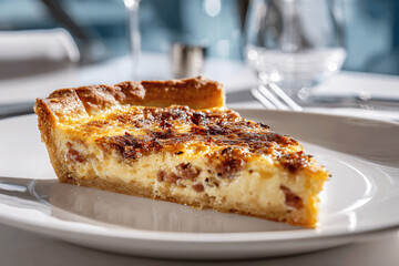 Golden Quiche Lorraine with bacon and cheese on elegant modern table, bright style
