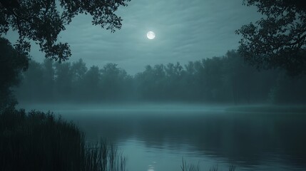 Moonlit night scene over lake misty forest landscape