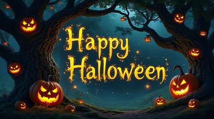Spooky halloween night scene with carved pumpkins on a large tree and glowing jack o lanterns