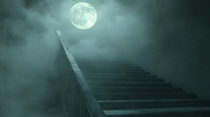 Misty stairway under full moon