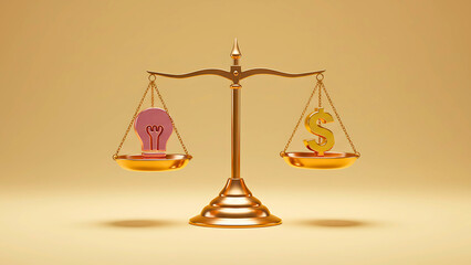 Balancing Ideas and Money Scales of Innovation, Investment, and Worth, reflecting the value of light bulb concept to financial gains.