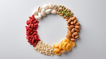 Colorful Arrangement of Nuts and Dried Fruits in Circular Pattern on Light Background for Healthy Snack Inspiration
