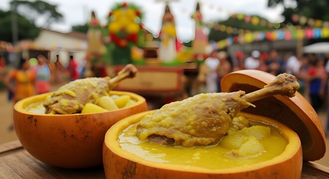 Traditional Brazilian duck dish 'Pato no Tucupi' served in gourds during the C&iacute;rio de Nazar&eacute; celebration, showcasing cultural heritage and Amazonian cuisine