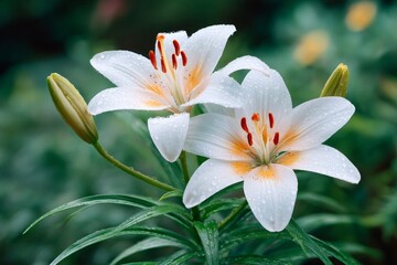 Fototapeta premium Two white lilies blooming in a garden with water drops