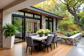 Fototapeta premium Dining table on a modern patio overlooking beautiful garden