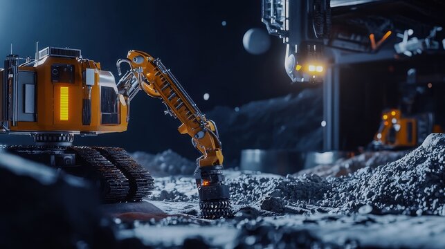 Lunar mining facility extracting helium, robotic drills and glowing moon dust, scifi industrial design
