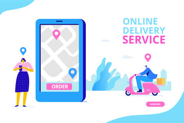 Colorful ecommerce concept with smartphone map and courier on scooter, promoting modern delivery service. Great for banners and digital product pages.