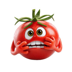 A whimsical red tomato cartoon character expressing fear, holding its face with anthropomorphic arms against a clean white isolated background.