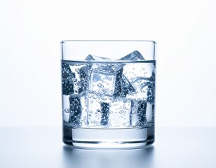 Glass with ice cubes and sparkling water on pure white background, minimal and fresh
