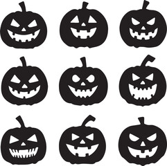 Spooky Halloween Jack-o'-Lantern Icons Nine Black and White Pumpkin Designs