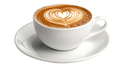 A beautiful latte art coffee drink in white cup and saucer perfect for coffee shop menu designs  isolated on transparent background