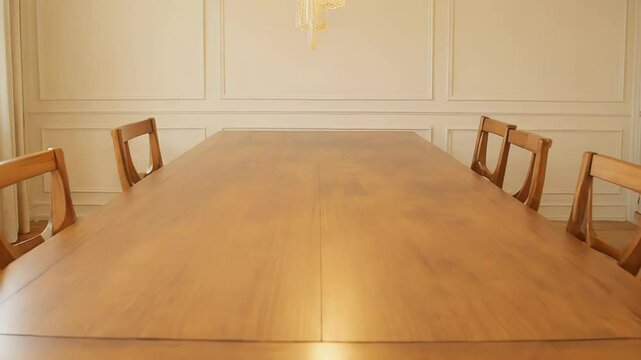 Elegant wooden dining table and chairs in bright dining room