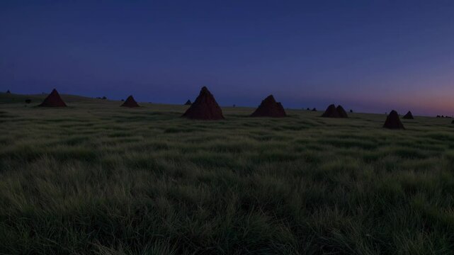 A serene landscape at sunset with haystacks dotting a grassy field. Captured from a low angle, ideal for a tranquil nature video backdrop.