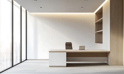 A modern office interior with a desk and natural lighting