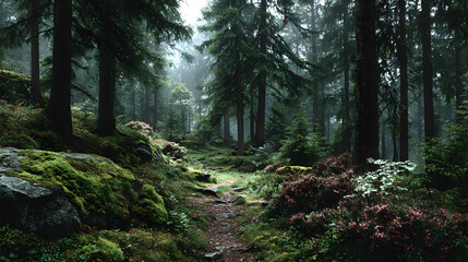 Obraz premium forest, nature, tree, green, trees, landscape, path, park, wood, woods, summer, plant, environment, wilderness, outdoors, fern, leaf, rainforest, natural, foliage, pine, lush, moss, road, trail