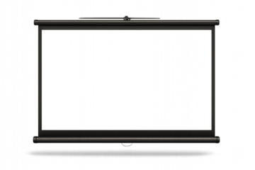 Blank pull-down projector screen with black frame, isolated on white background, ideal for presentations, movie projection, office training, classroom lectures, and multimedia display concepts

