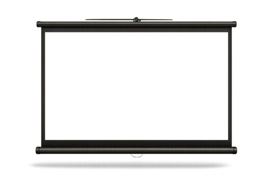 Blank pull-down projector screen with black frame, isolated on white background, ideal for presentations, movie projection, office training, classroom lectures, and multimedia display concepts

