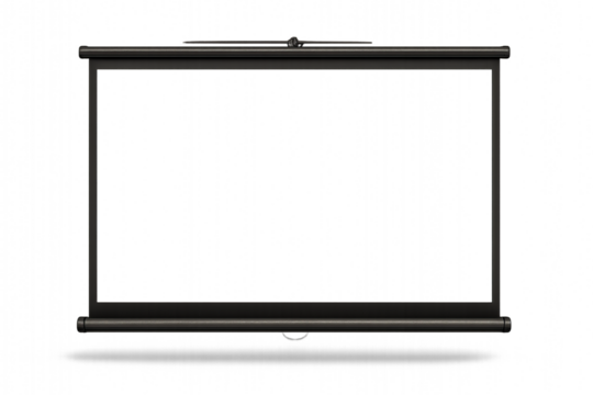 Blank pull-down projector screen with black frame, isolated on white background, ideal for presentations, movie projection, office training, classroom lectures, and multimedia display concepts

