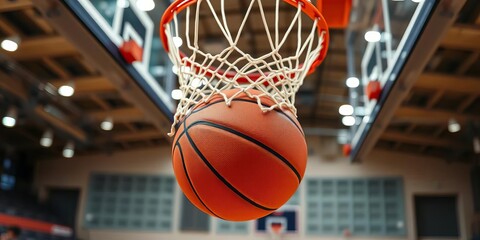Action shot of basketball game, close-up on ball and net,  playoffs,  close up