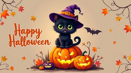 Adorable black kitten wearing a witch hat sits on a jack o lantern for happy halloween