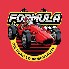 Vintage red hyperspeed race car with driver speeding forward, flanked by checkered flags and bold retro racing-themed typography.