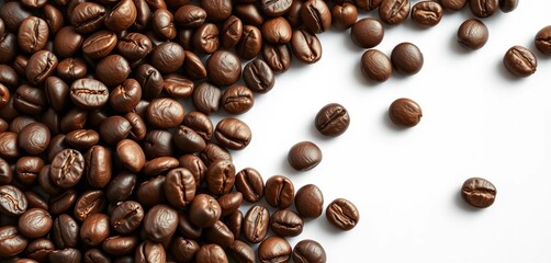 Naklejka premium Close-up of roasted coffee beans on white background, drink, espresso