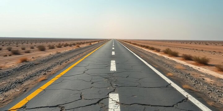 Desolate asphalt ribbon vanishing into hazy distance, cracked surface, scrub brush,  dryness,  adventure
