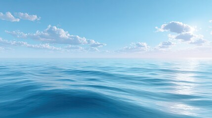 Fototapeta premium Tranquil Blue Ocean Waves Under Bright Sky with Soft Clouds and Gentle Sunlight