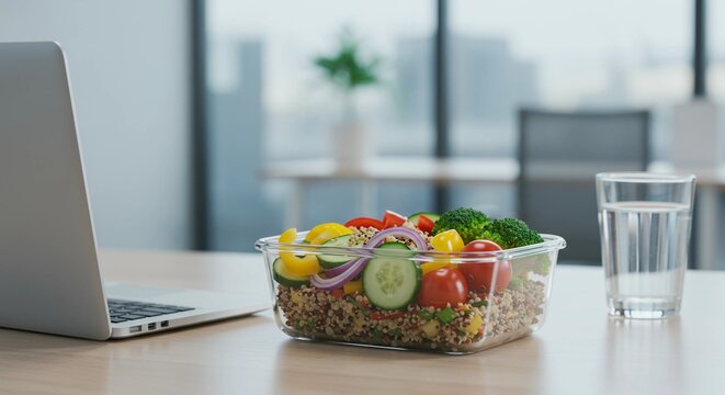A clear plastic container of colorful salad on a wooden desk with a laptop and water glass, healthy office lunch, balanced meal at work, nutritious eating, and workplace wellness.