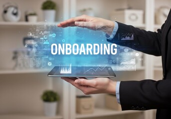 Businessperson Presenting Onboarding Data on Tablet