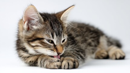 A playful tabby kitten lies on a white background, grooming itself with a curious expression.