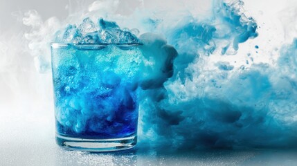 A vibrant blue drink splashing in a glass, surrounded by colorful liquid waves and a refreshing ambiance.