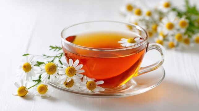 A warm cup of herbal tea surrounded by fresh chamomile flowers, creating a soothing and calming atmosphere.