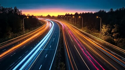 Colorful light trails on a highway during twilight, long exposure shot showcasing motion - Powered by Adobe