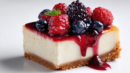 Delicious cheesecake topped with fresh berries and a rich berry sauce, perfect for dessert lovers and sweet treats.