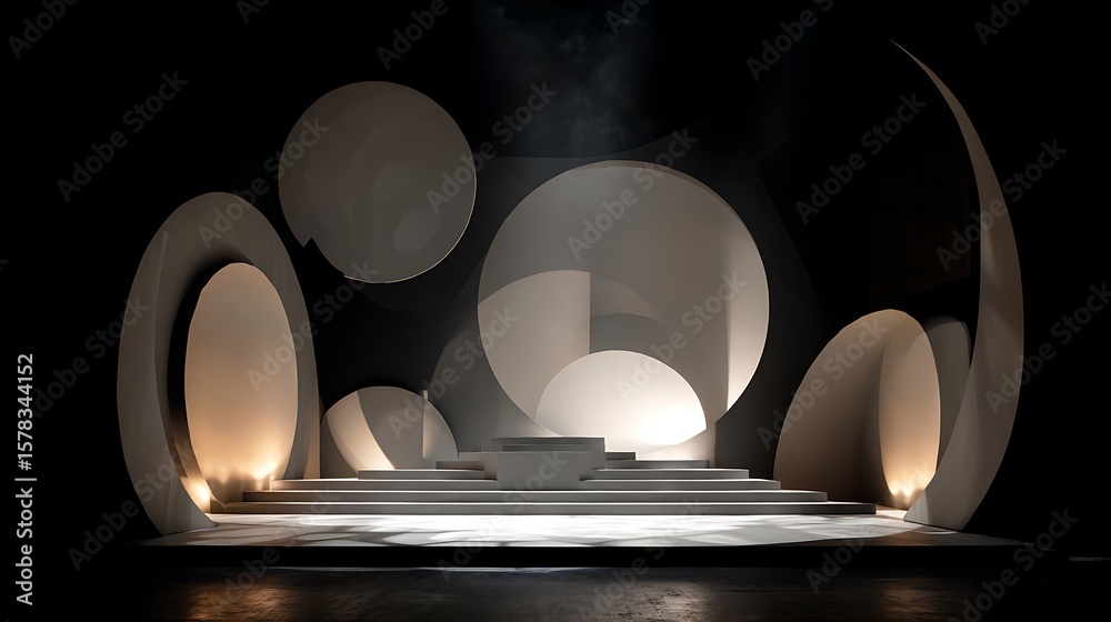 Fototapete Abstract Stage Design with Round Shapes and Steps in Dark Setting