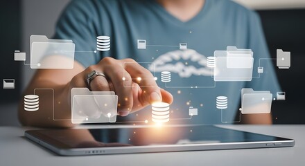 Person interacts with cloud database system on tablet showcasing data storage and management interface, ideal for modern tech designs.