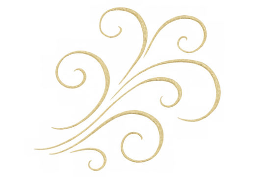 Golden flourishes form elegant swirls, creating a sophisticated design element on a transparent background, perfect for enhancing various projects