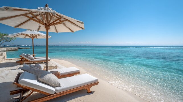 Relaxing beach scene with loungers and umbrellas tropical paradise photography calm waters wide angle vacation vibes