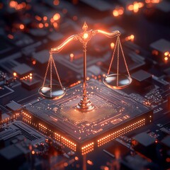 holographic scale of justice floating above AI processor chip glowing light dark futuristic background ultra detailed and symmetrical toplit scene