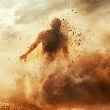 man dissolving into dust in a desert windstorm