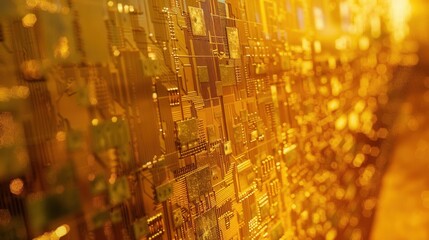 Obraz premium macro photography of microchip with golden circuitry shallow depth .