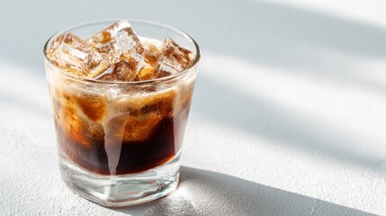 Refreshing iced drink in a clear glass, garnished with ice cubes and sunlight to create a vibrant atmosphere.