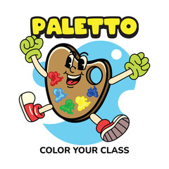 Cute watercolor palette back to school in retro cartoon character illustration